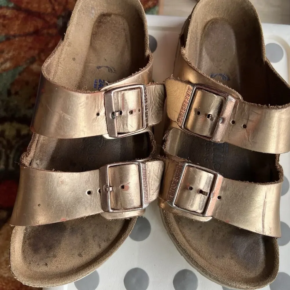 Birkenstock Rose Gold Metallic Arizona soft Footbed Sandal Womens Comfort Sz-37